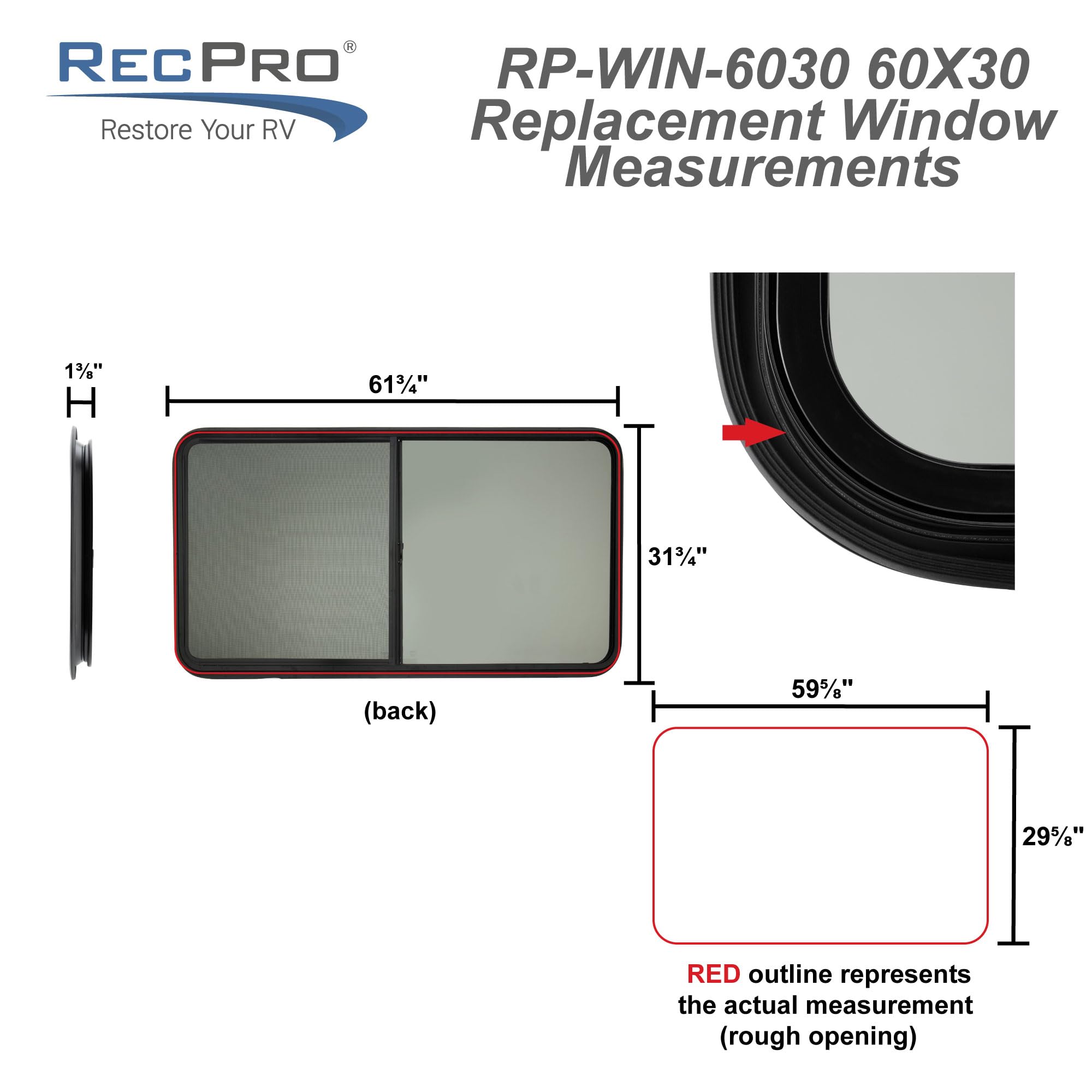 RecPro RV Window | 60" W x 30" H | Teardrop Horizontal Slide | RV Window Replacement | Optional 1 1/2" Trim (1 Window, with Trim) | Made in USA