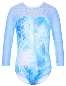 tfjh e girls gymnastic leotards 3/4 sleeve mesh practice outfits 4-5t snowflakeblue 5a