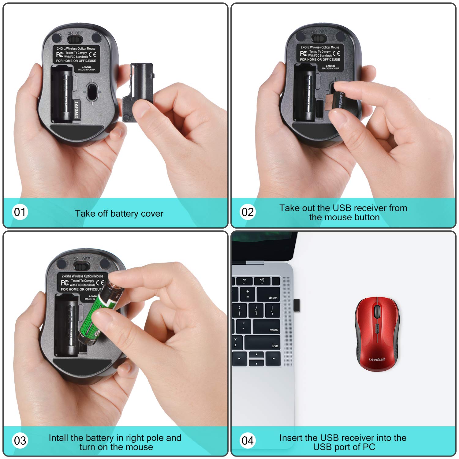 LeadsaiL Wireless Mouse, 2.4GHz USB, Noiseless, Compact, Portable, 12 Months Battery Life