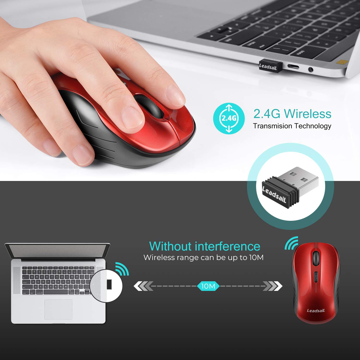 LeadsaiL Wireless Mouse, 2.4GHz USB, Noiseless, Compact, Portable, 12 Months Battery Life