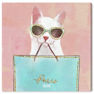 wynwood studio fashion and glam wall art canvas prints 'shopping cat' accessories home décor, 12" x 12", blue, gold