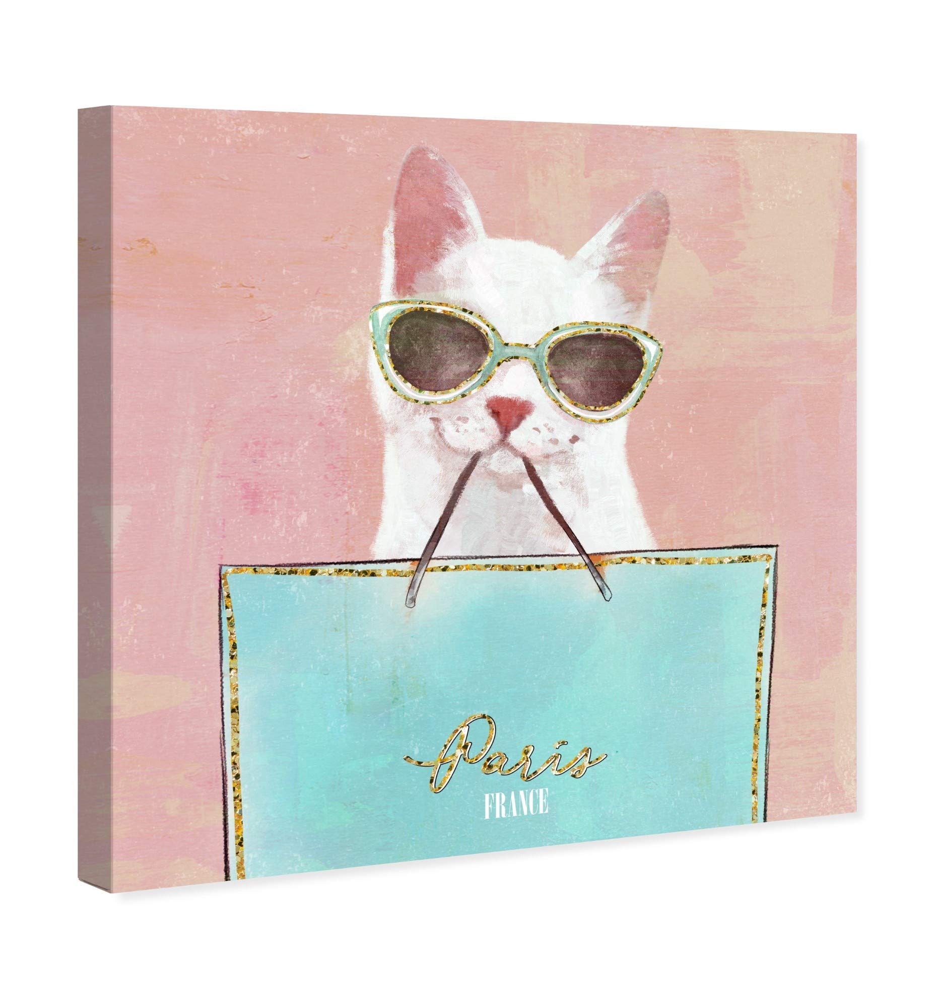 Wynwood Studio Fashion and Glam Wall Art Canvas Prints 'Shopping Cat' Accessories Home Décor, 12" x 12", Blue, Gold