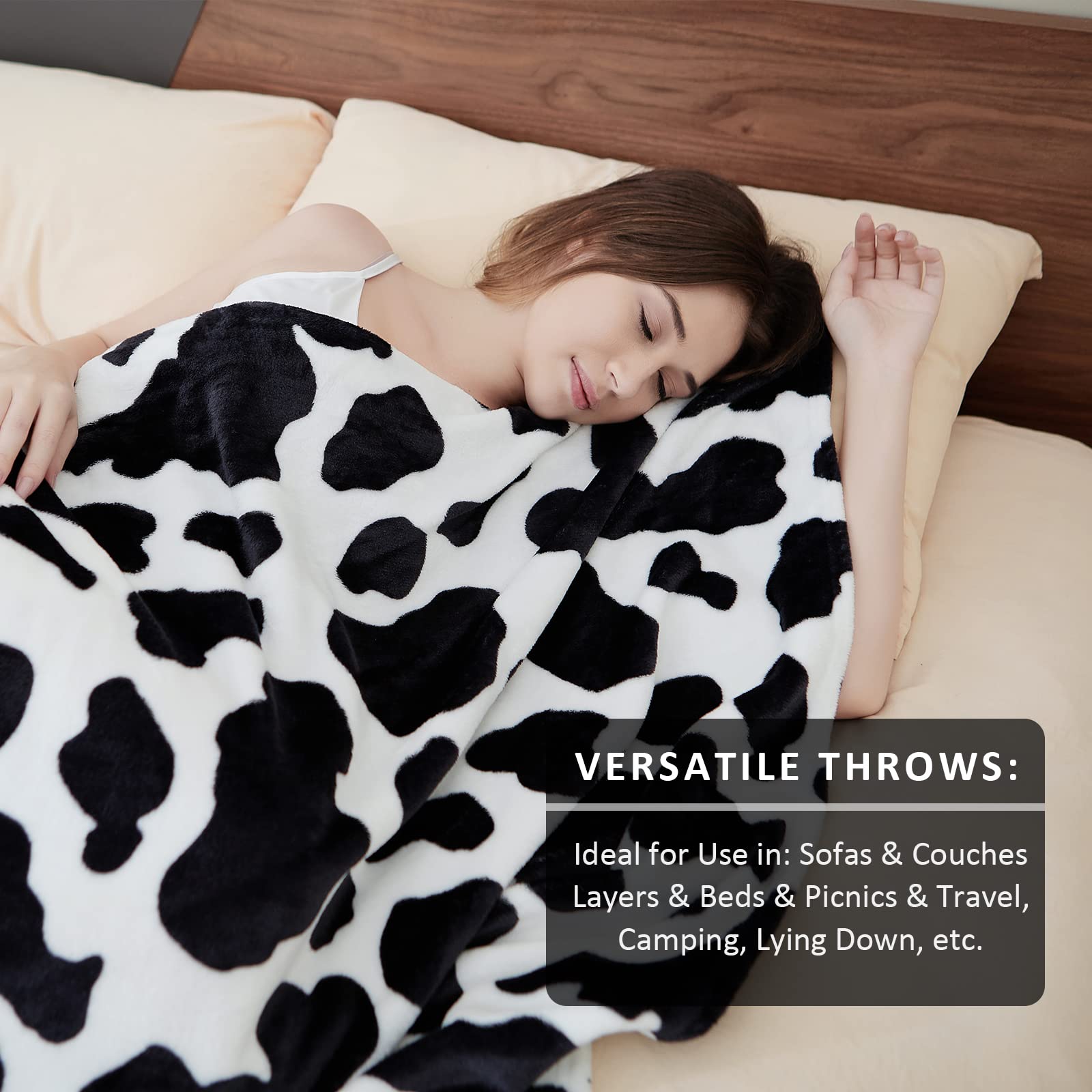 Fleece Cow Print Blanket Black and White Bed Cow Throws Soft Couch Sofa Cozy Warm Small Blankets Plush Gift for Daughter Mom, Bedroom Decor 60x80 inch