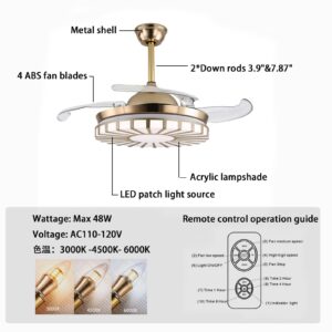 OUKANING 42 Inch Modern Chandelier Ceiling Fan with Remote, Three Light Colors Ceiling Fan 4 Retractable Blades for Living Room Bedroom