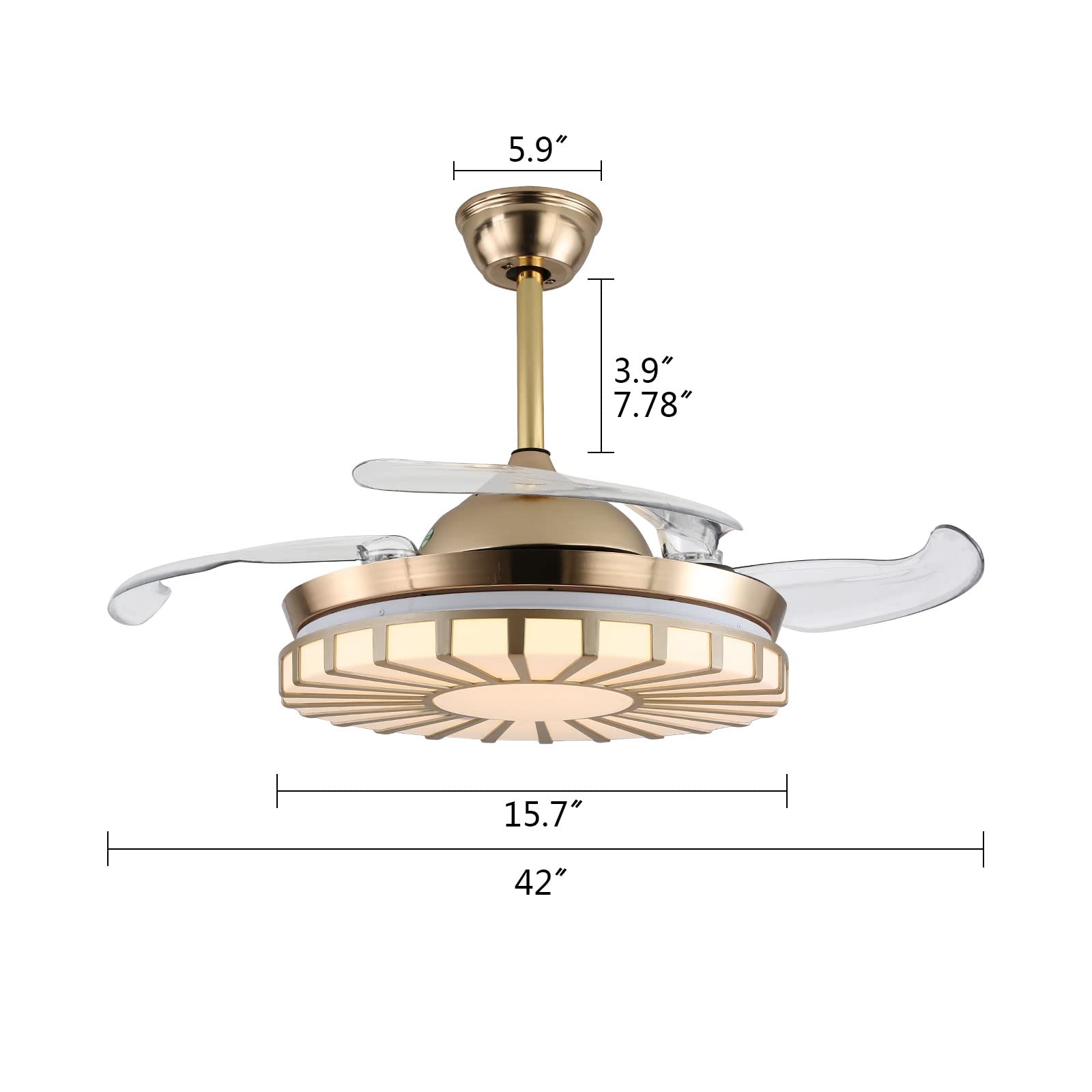 OUKANING 42 Inch Modern Chandelier Ceiling Fan with Remote, Three Light Colors Ceiling Fan 4 Retractable Blades for Living Room Bedroom