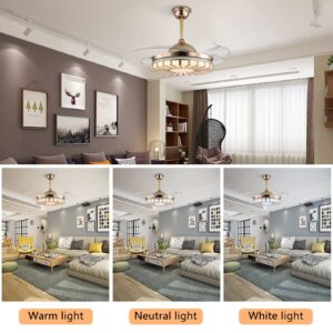 OUKANING 42 Inch Modern Chandelier Ceiling Fan with Remote, Three Light Colors Ceiling Fan 4 Retractable Blades for Living Room Bedroom