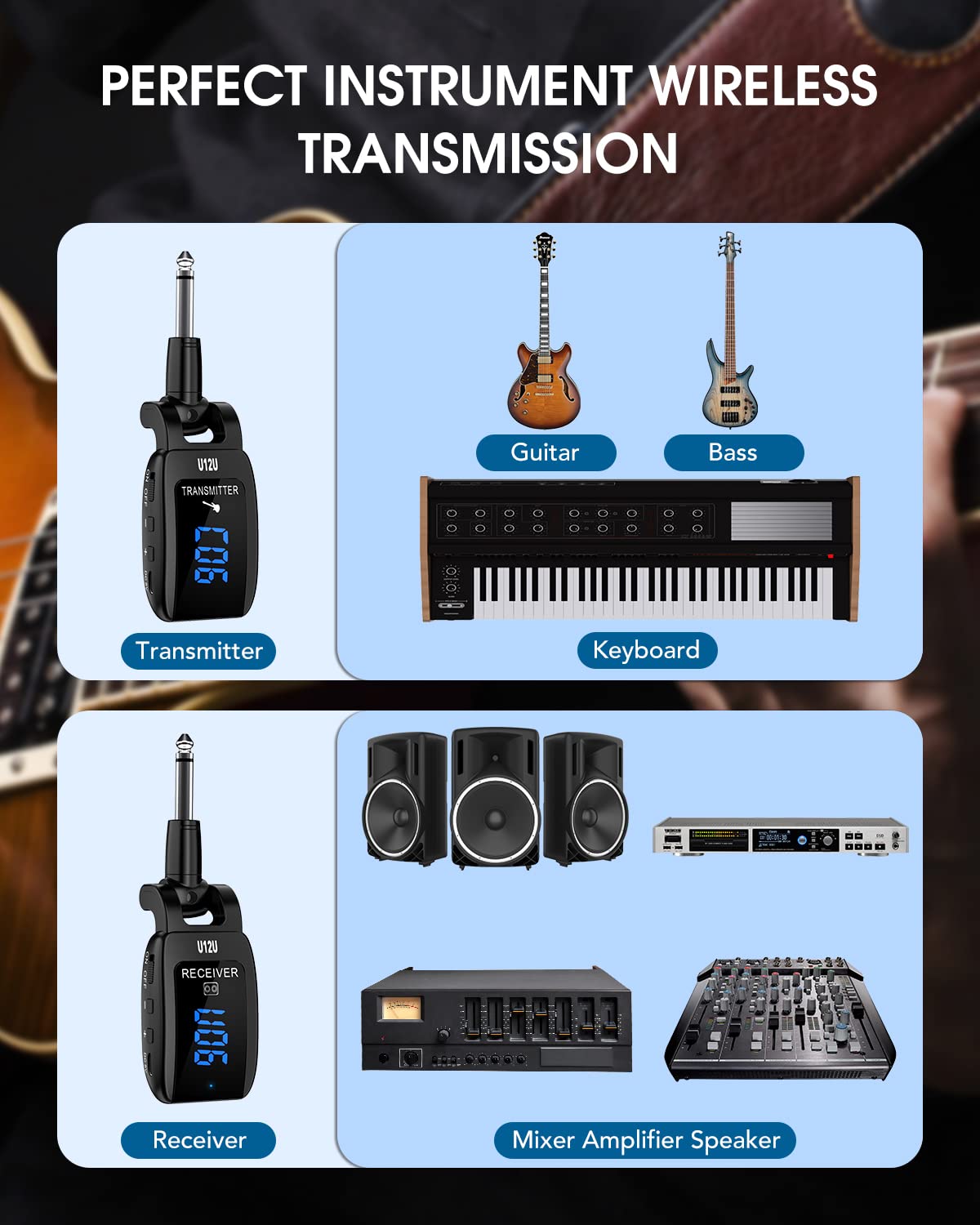 TTSTAR ISAIBELL Wireless Guitar System Instrument System Electric Guitar Transmitter Receiver Rechargeable Bass Accessories Digital Display Stereo Jack Audio Cable Adapter 15Set Frequency