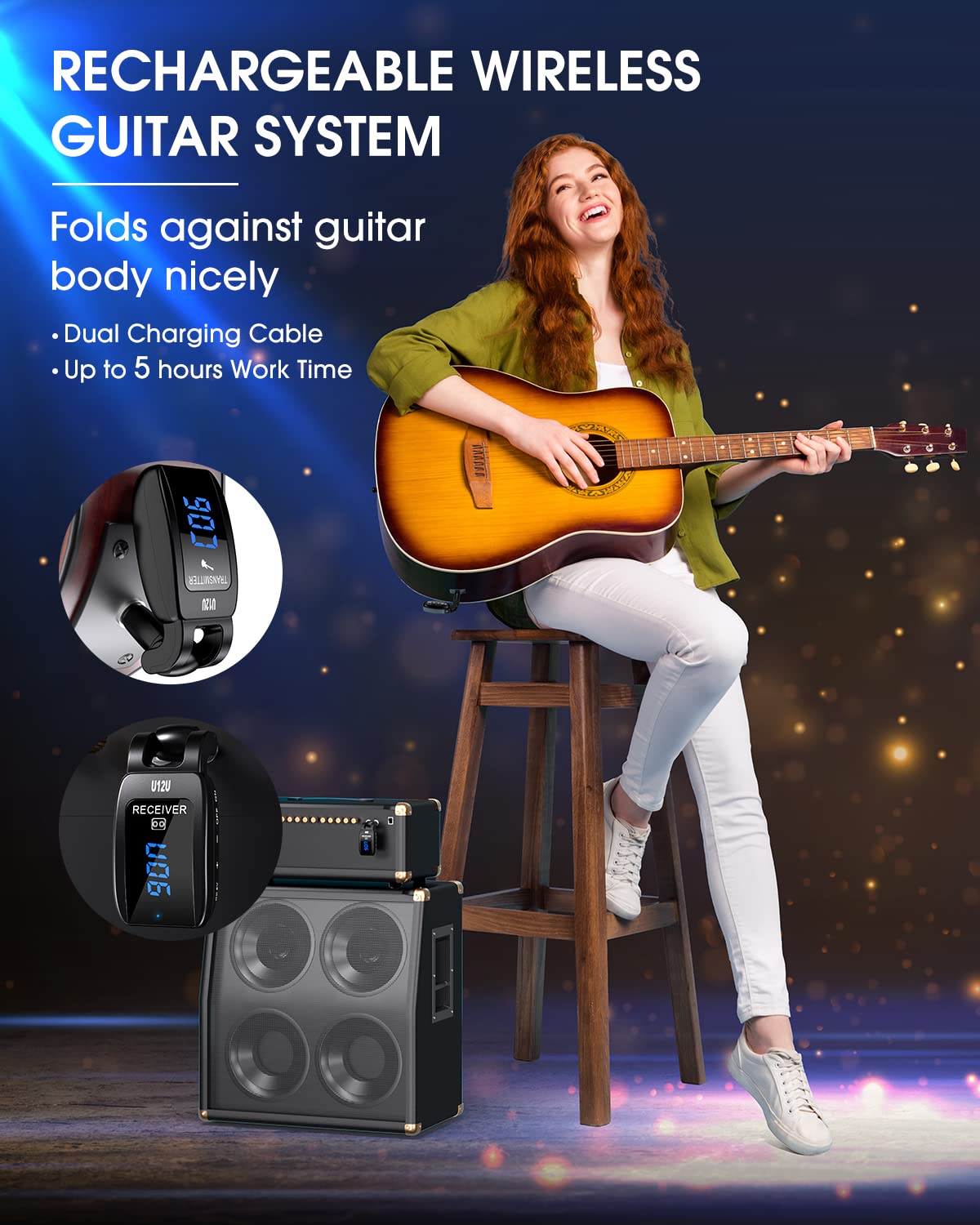 TTSTAR ISAIBELL Wireless Guitar System Instrument System Electric Guitar Transmitter Receiver Rechargeable Bass Accessories Digital Display Stereo Jack Audio Cable Adapter 15Set Frequency