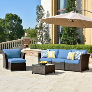 ovios patio furniture set 6 piece fully assembled outdoor furniture conversation set all weather high back sofa rattan wicker sectional sofa set for yard deck porch (blue)