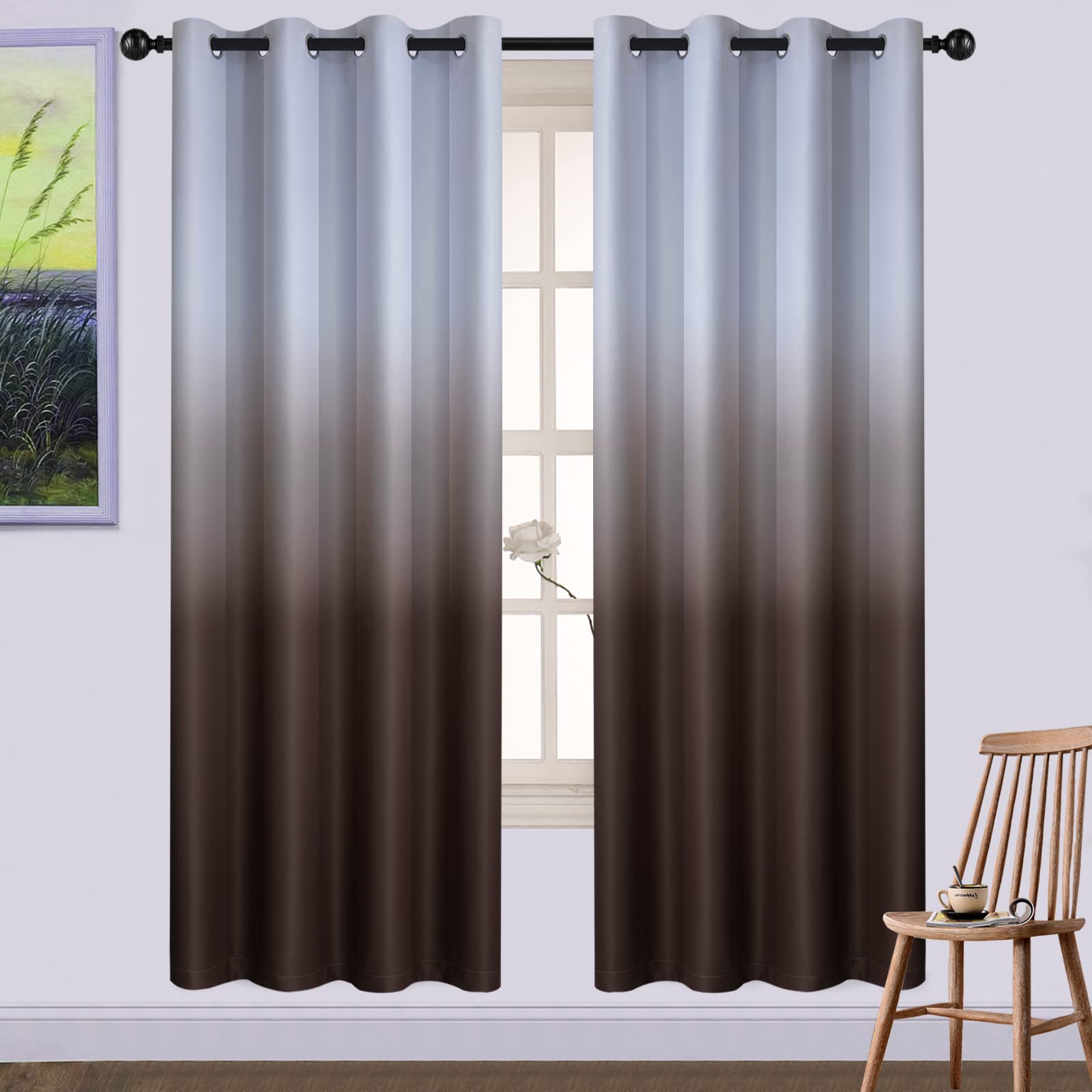 Yakamok Gradient Color Ombre Curtains Thickening Polyester Thermal Insulated Grommet Window Drapes for Living Room/Bedroom (Brown, 2 Panels, 52x72 Inch)