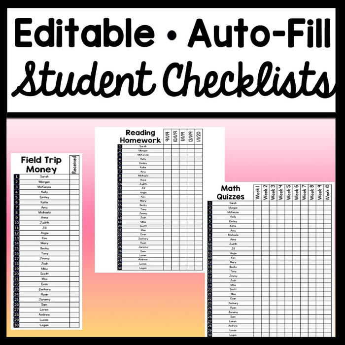 Student Checklists - Fully Editable! {Auto-Fill 30 Student Names!}