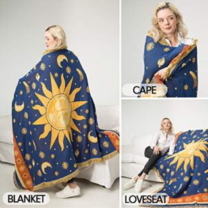 MayNest Sun And Moon Stars Hippie Throw Blanket Celestial Tapestry Double-sided Reversible Woven Cotton Home Decor Bedding Chair Couch Recliner Cover Loveseat Rug Oversized Tassels Blue Yellow (91x71)