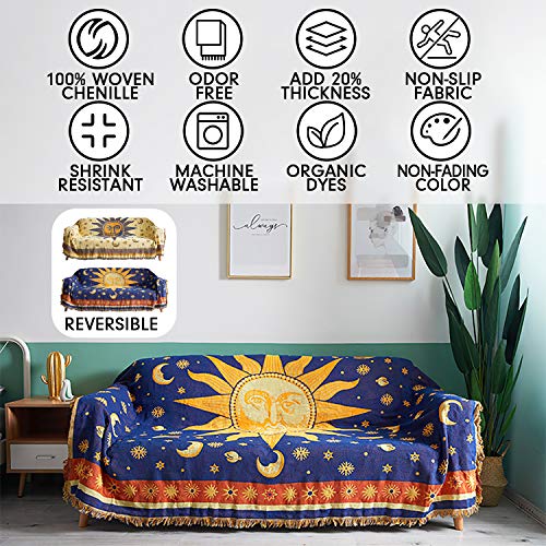 MayNest Sun And Moon Stars Hippie Throw Blanket Celestial Tapestry Double-sided Reversible Woven Cotton Home Decor Bedding Chair Couch Recliner Cover Loveseat Rug Oversized Tassels Blue Yellow (91x71)