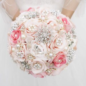 abbie home brooch jewelry bouquet - luxury bridal bouquets with crystal rhinestone sparkle pearls rose flowers for wedding quinceanera (pink)