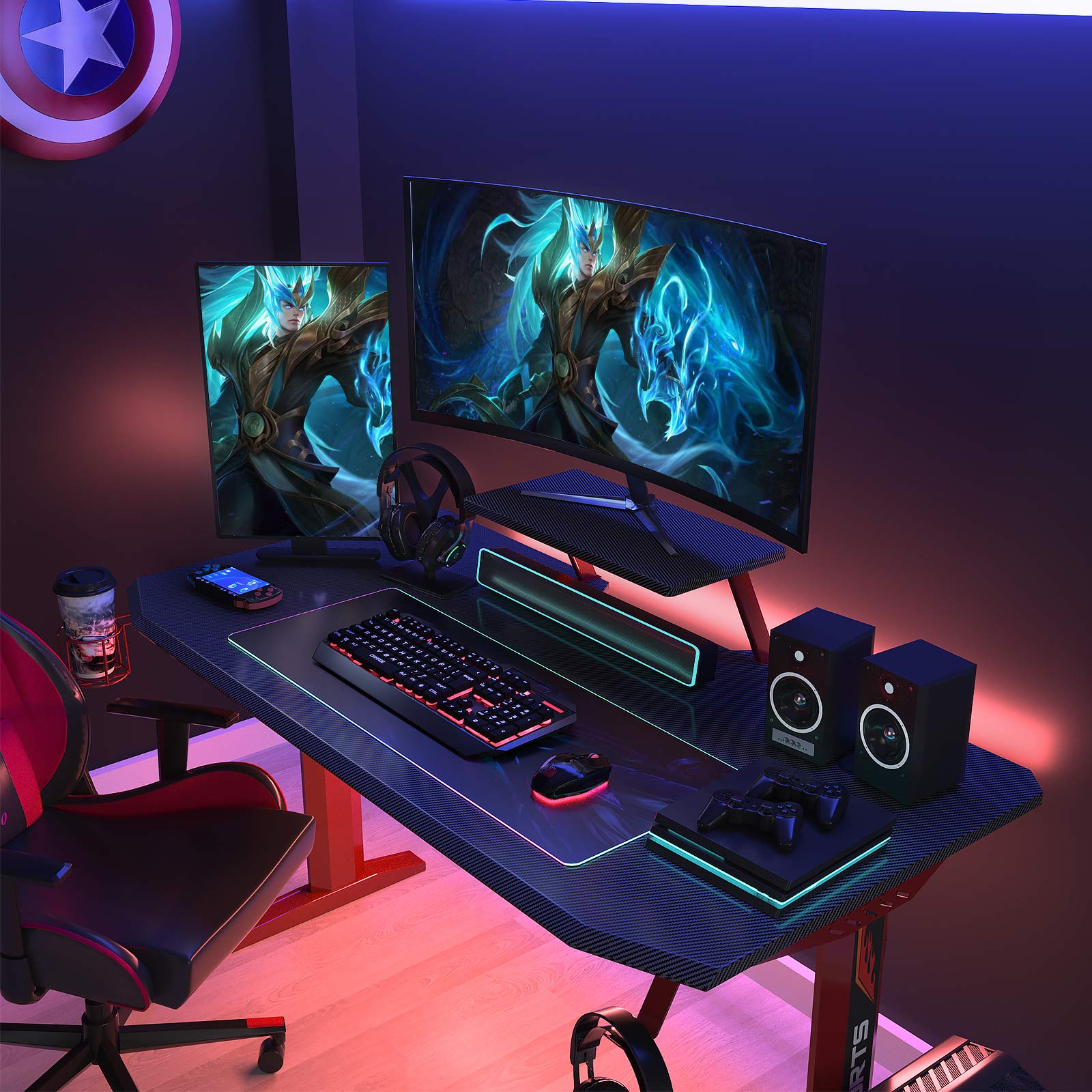 Foxemart Gaming Desk 47 inch PC Gaming Desk, Game Computer Desk Workstation, T-Shaped Professional Gaming Desk, Home Office Computer Table with Cup Holder & Headphone Hook