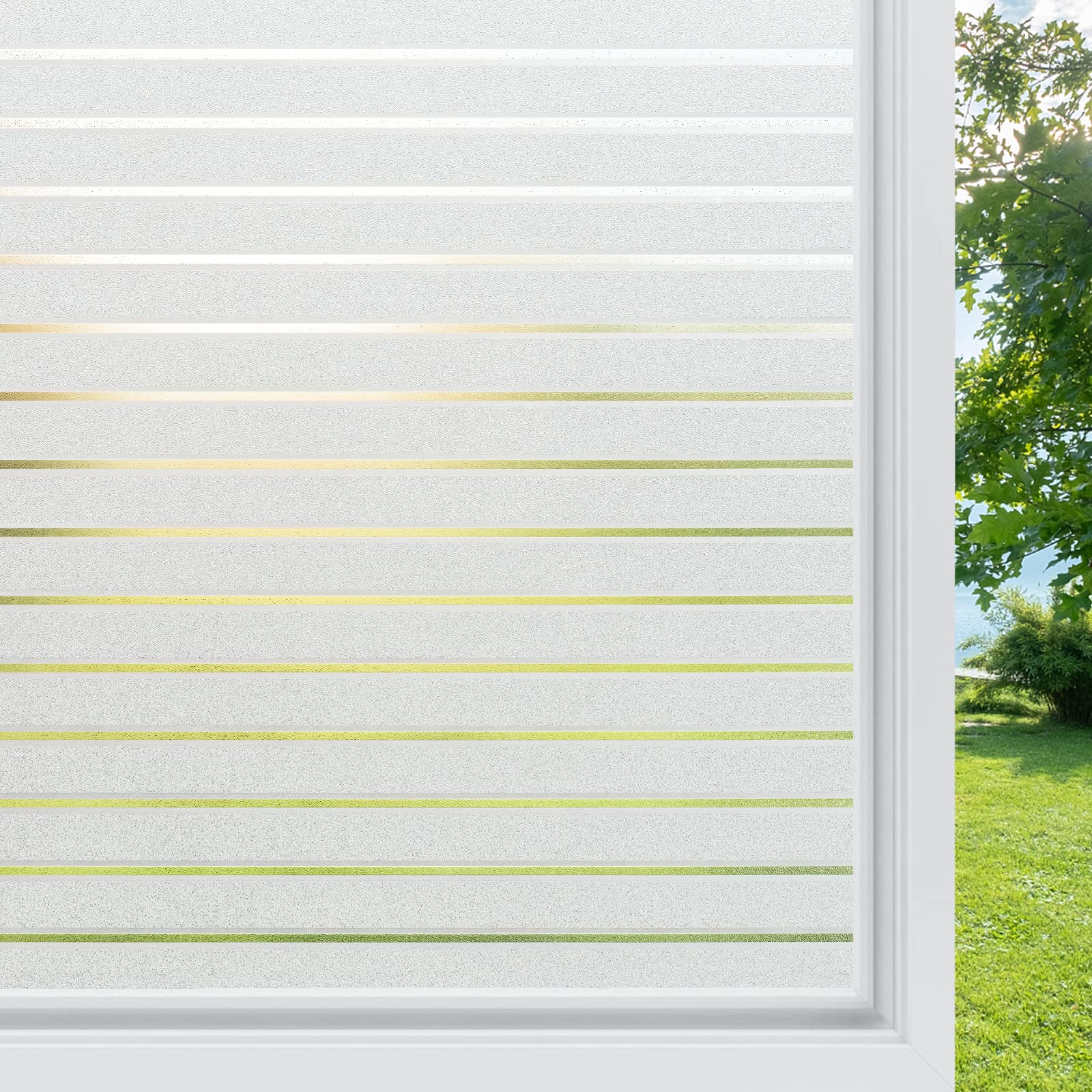 rabbitgoo Window Privacy Film, Frosted Glass Window Film, Window Frosting Film, Decorative Front Door Covering, Anti-UV Static Cling Non Adhesive Window Sticker, Striped Pattern, 35.4 x 118 inches