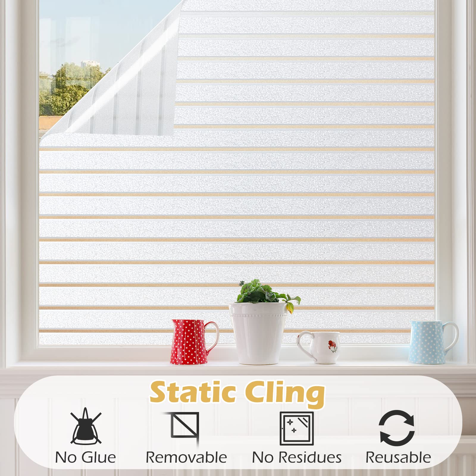 rabbitgoo Window Privacy Film, Frosted Glass Window Film, Window Frosting Film, Decorative Front Door Covering, Anti-UV Static Cling Non Adhesive Window Sticker, Striped Pattern, 35.4 x 118 inches