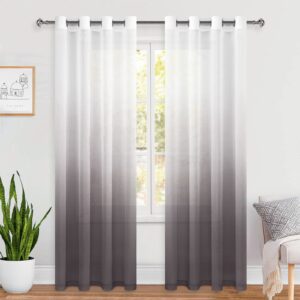 hiasan ombre sheer curtains 84 inches long - faux linen decorative voile grommet window curtains for bedroom and living room, light brown, 2 drape panels