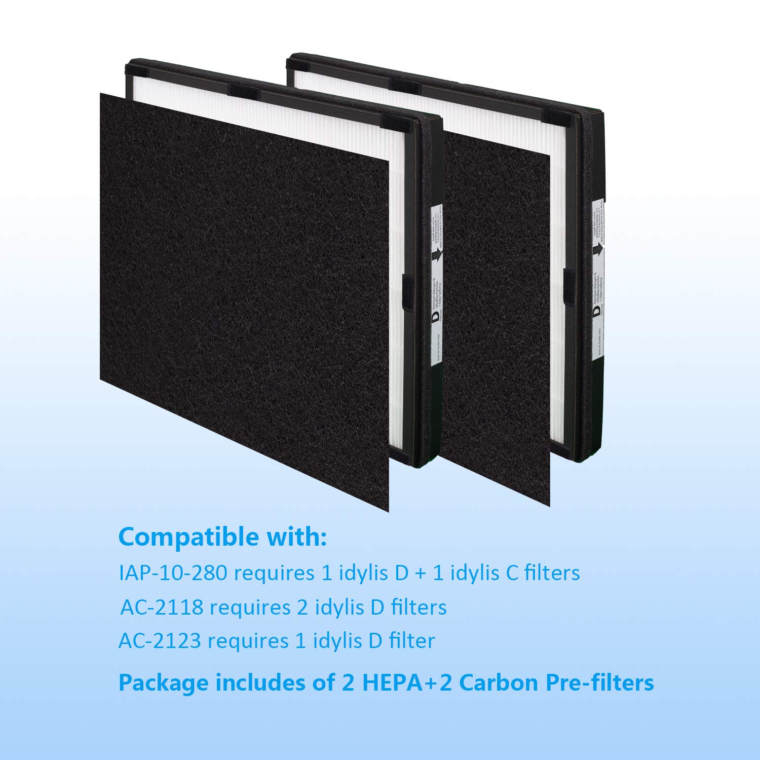 WOCASE IAF-H-100D H13 True HEPA Replacement Idylis D Filter, Compatible with Idylis AC-2118, AC-2123, IAP-10-280 Air Purifier Devices, 2 HEPA Filter & 2Carbon Filter