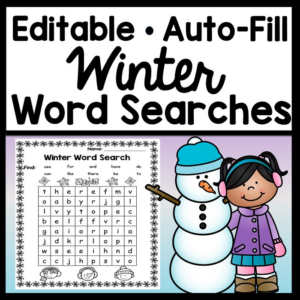 word searches for kids for winter -editable! {auto-fill any words!} {8x8, 10x10, 12x12 word searches}