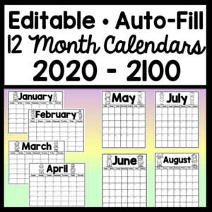 12 month editable calendar for 80 years-2020-2100! {every day is fully editable}