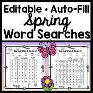 word searches for kids for spring -editable! {auto-fill any words!} {8x8, 10x10, 12x12 word searches}