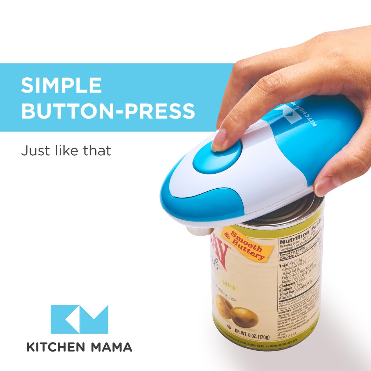 Kitchen Mama Auto Electric Can Opener: Open Your Cans with A Simple Press of Button - Automatic, Hands Free, Smooth Edge, Food-Safe, Battery Operated, YES YOU CAN (Sky Blue)