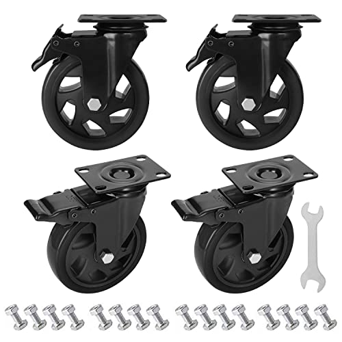 PRITEK 5 inch Caster Wheels Bearing 1800lbs 4 Pack Heavy Duty Rubber Plate Casters All with Safety Brake No Noise Lockable Swivel Casters (Include 16pcs Screws)