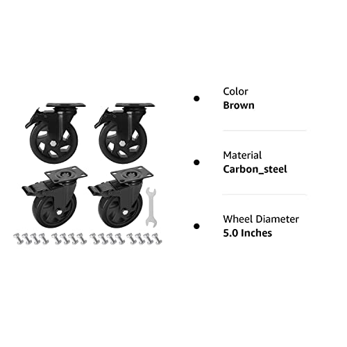 PRITEK 5 inch Caster Wheels Bearing 1800lbs 4 Pack Heavy Duty Rubber Plate Casters All with Safety Brake No Noise Lockable Swivel Casters (Include 16pcs Screws)