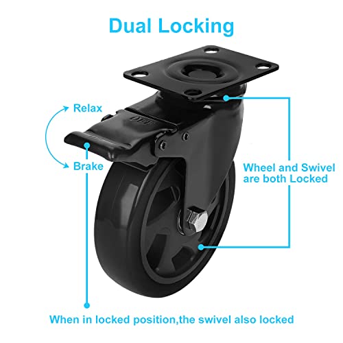 PRITEK 5 inch Caster Wheels Bearing 1800lbs 4 Pack Heavy Duty Rubber Plate Casters All with Safety Brake No Noise Lockable Swivel Casters (Include 16pcs Screws)