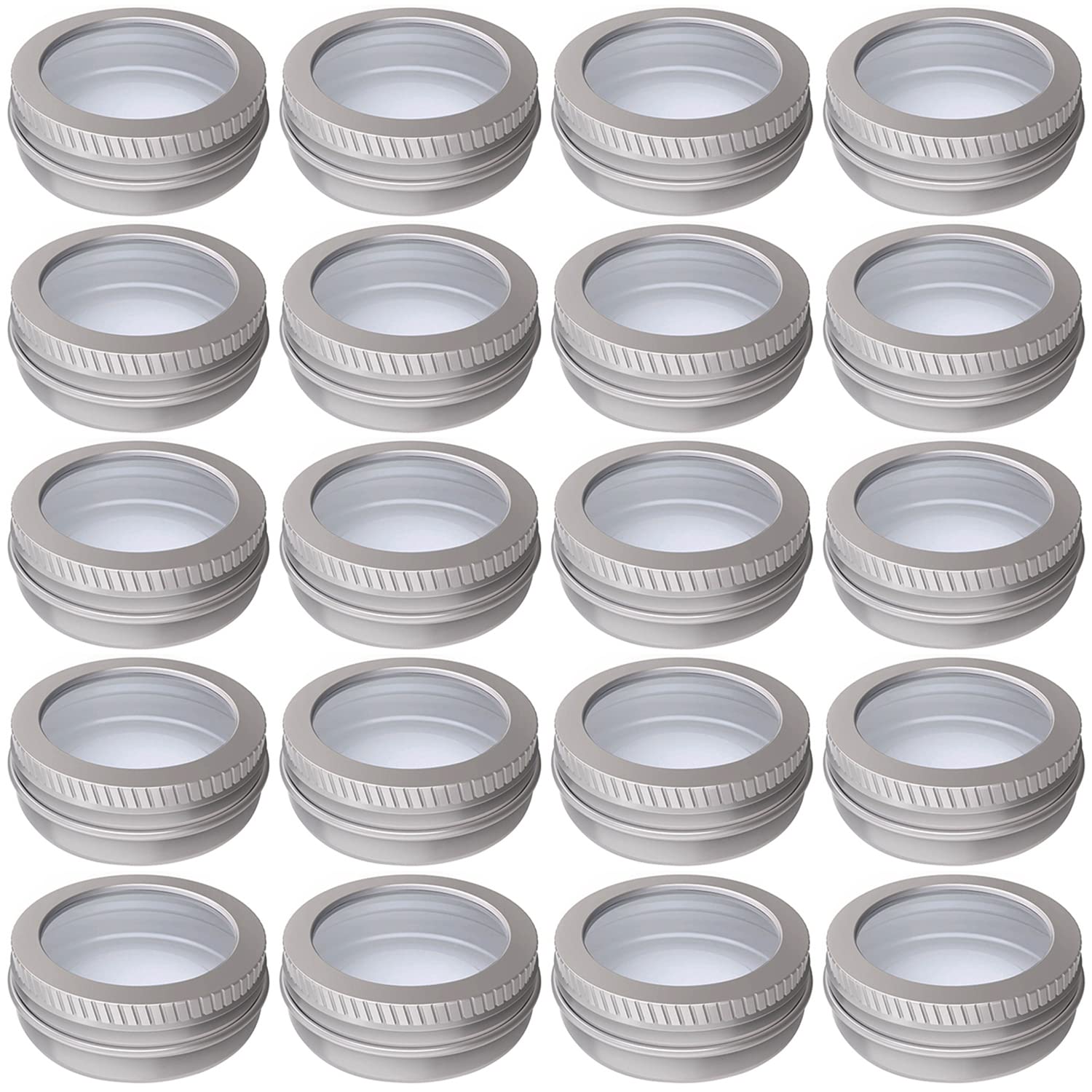 2 Ounce Aluminum Tin Jar 60 ml Refillable Containers Clear Top Screw Lid Round Tin Container Bottle for Cosmetic,Lip Balm, Cream, 12 Pcs.