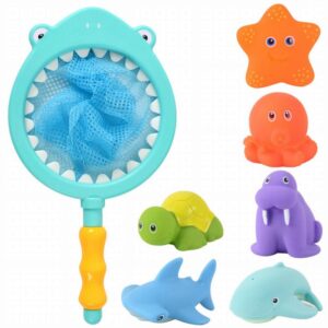 bath toy , fishing floating animals squirts toys games playing set with fishing net , fish net game in bathtub bathroom pool for babies toddlers and kids (blue)