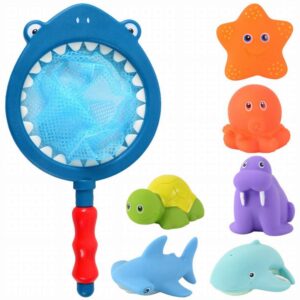 bath toy , fishing floating animals squirts toys games playing set with fishing net , fish net game in bathtub bathroom pool for babies toddlers and kids (dark blue)