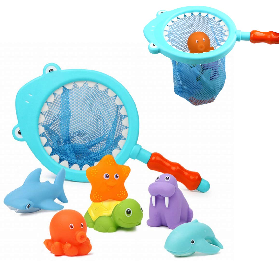 Bath Toy , Fishing Floating Animals Squirts Toys Games Playing Set with Fishing net , Fish Net Game in Bathtub Bathroom Pool for Babies Toddlers and Kids (Dark Blue)