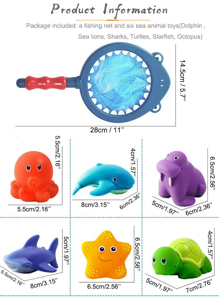 Bath Toy , Fishing Floating Animals Squirts Toys Games Playing Set with Fishing net , Fish Net Game in Bathtub Bathroom Pool for Babies Toddlers and Kids (Dark Blue)