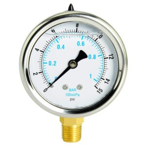 taisher liquid filled pressure gauge, 0-15psi/kpa, 304 stainless steel case, 1/4"npt lower mount
