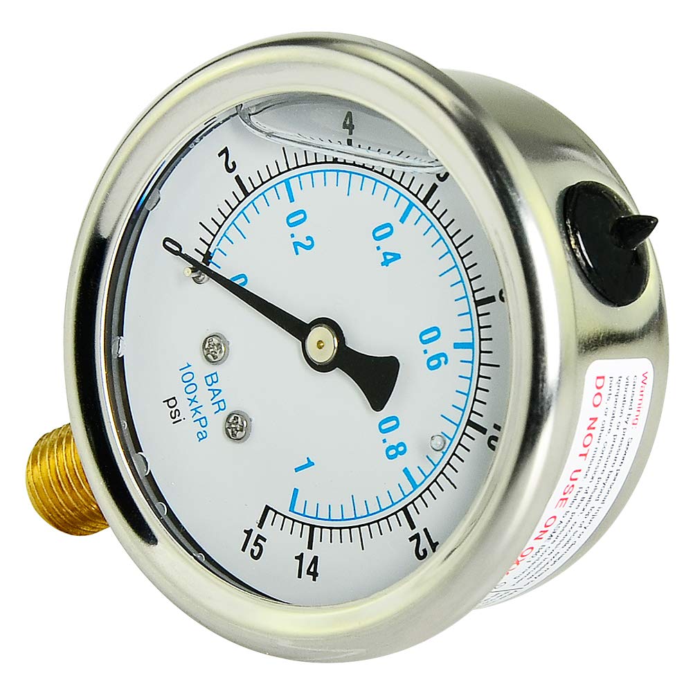 Taisher Liquid Filled Pressure Gauge, 0-15psi/kpa, 304 Stainless Steel Case, 1/4"NPT Lower Mount