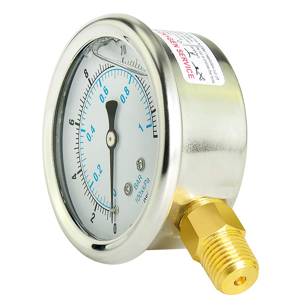 Taisher Liquid Filled Pressure Gauge, 0-15psi/kpa, 304 Stainless Steel Case, 1/4"NPT Lower Mount