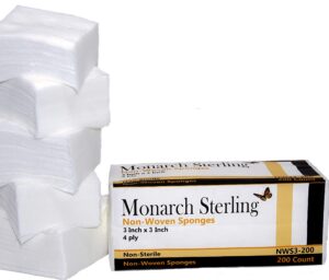 monarch sterling non-woven gauze sponges 3 inch x 3 inch 4 ply non-sterile for wound dressing, prepping, scrubbing and cleaning - 200 per pack