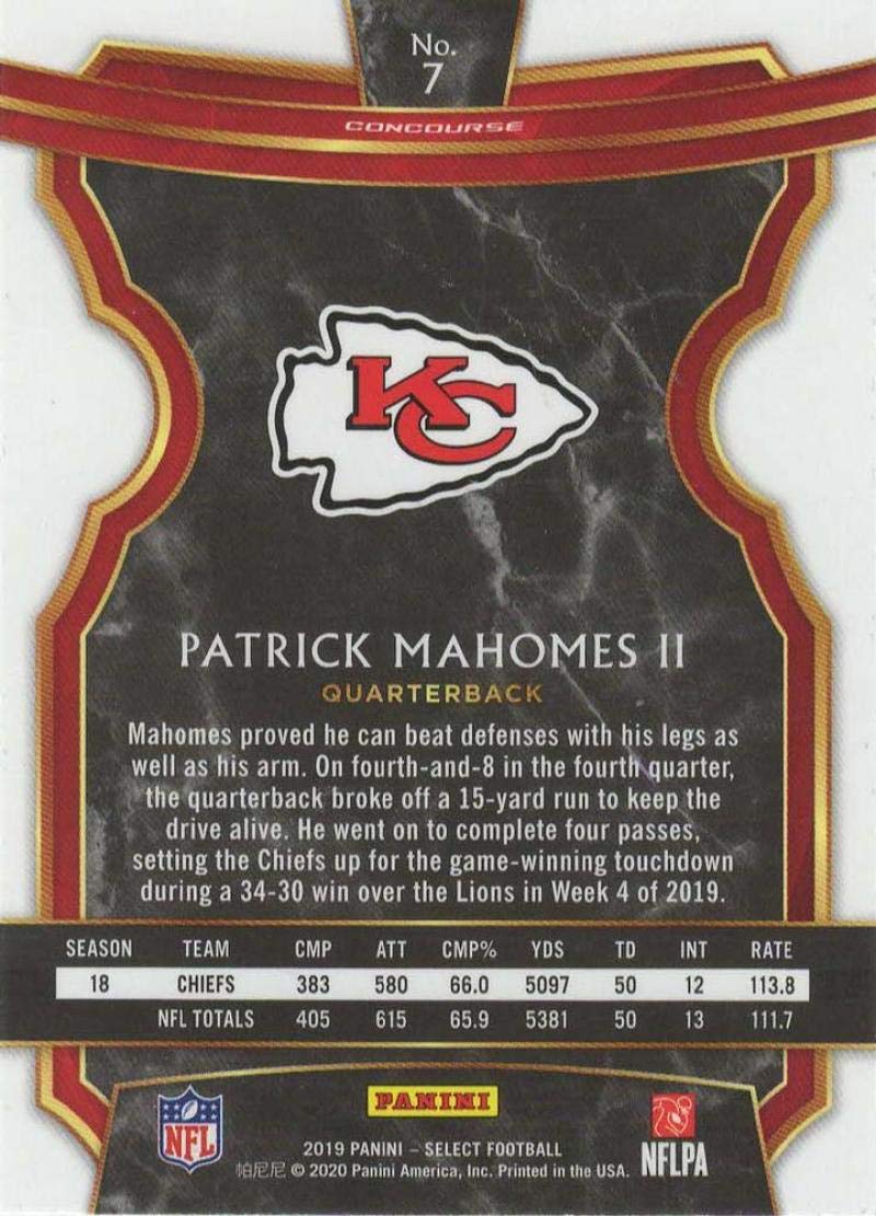 2019 Panini Select #7 Patrick Mahomes II - Kansas City Chiefs NFL Football Card NM-MT