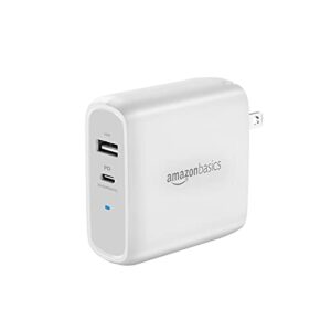 amazon basics 68w two-port gan wall charger with 1 usb-c (60w) & 1 usb-a ports (18w) with pd for laptops, tablets & phones (iphone 15/14/13/12/11/x,ipad,macpro, samsung, & more), non-pps, white