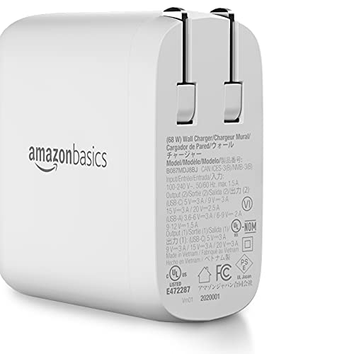 Amazon Basics 68W Two-Port GaN Wall Charger with 1 USB-C (60W) & 1 USB-A Ports (18W) with PD for Laptops, Tablets & Phones (iPhone 15/14/13/12/11/X,iPad,MacPro, Samsung, & more), non-PPS, White