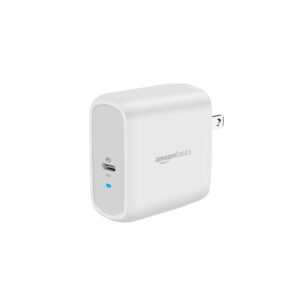 amazon basics 65w one-port gan usb-c wall charger with power delivery pd for laptops,tablets & phones (iphone 15/14/13/12/11/x, ipad, macpro, samsung, and more), non-pps, white