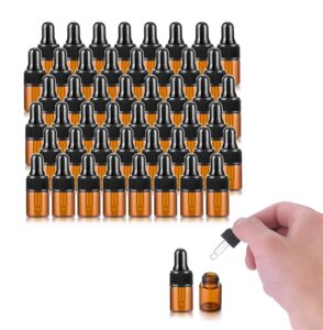 50 pack,2ml amber glass dropper vial for essential oils,empty glass eye dropper bottle with black screw cap,glass liquid pipette travel test sample perfume vial-transfer pipette included