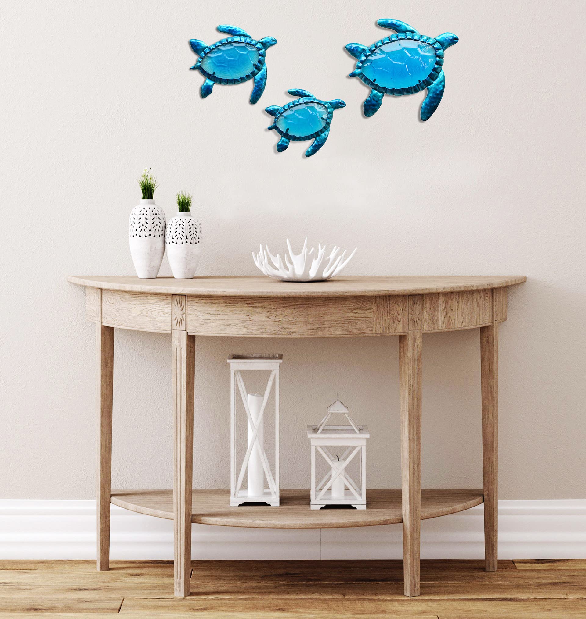 ShabbyDecor Coastal Ocean Sea Metal Turtle Hanging Wall Art Decor for Garden Patio Pool Outdoor or Indoor Set of 3