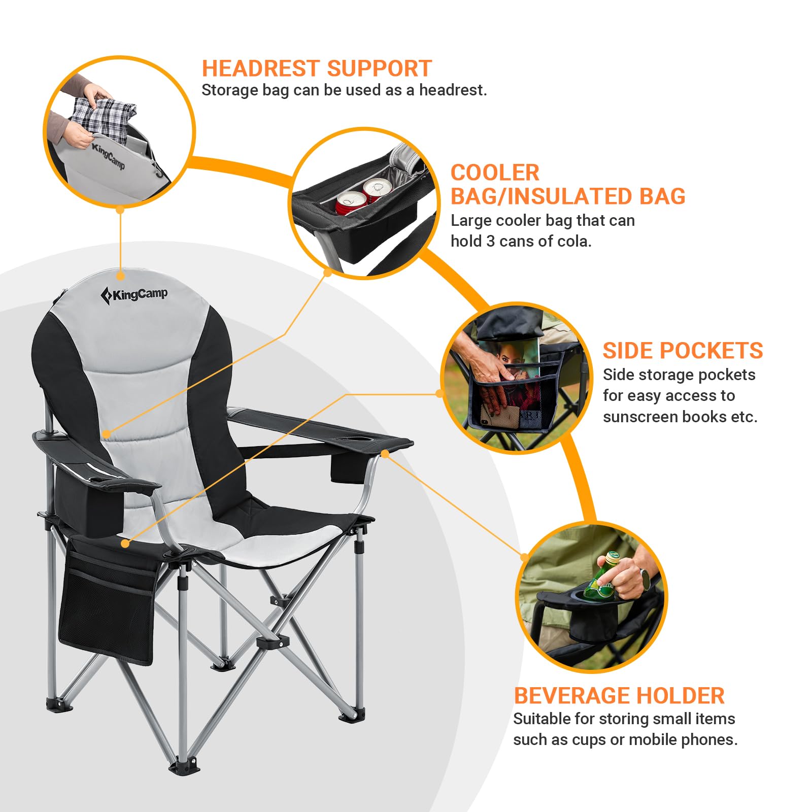 KingCamp Oversized Camping Folding Chair with Lumbar Support, Heavy Duty Ergonomic Padded Arm Chair with Cooler Bag, Cup Holder, Portable for Outdoor