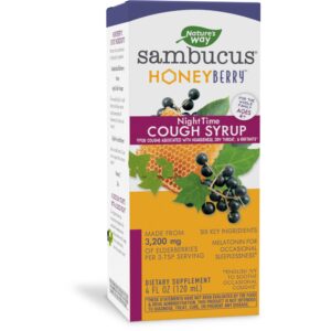 nature's way sambucus honeyberry nighttime cough syrup for kids, soothes occasional cough due to horseness, dry throat & irritants and melatonin for occasional sleeplessness*, 4 fl oz.