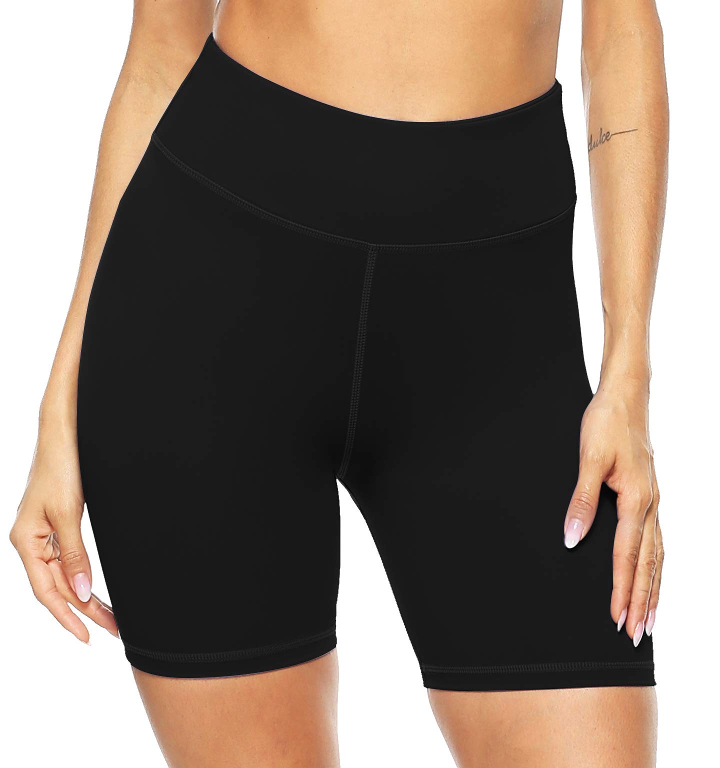 PERSIT Women's High Waist Print Workout Yoga Shorts with 2 Hidden Pockets, Non See-Through Tummy Control Athletic Shorts Black