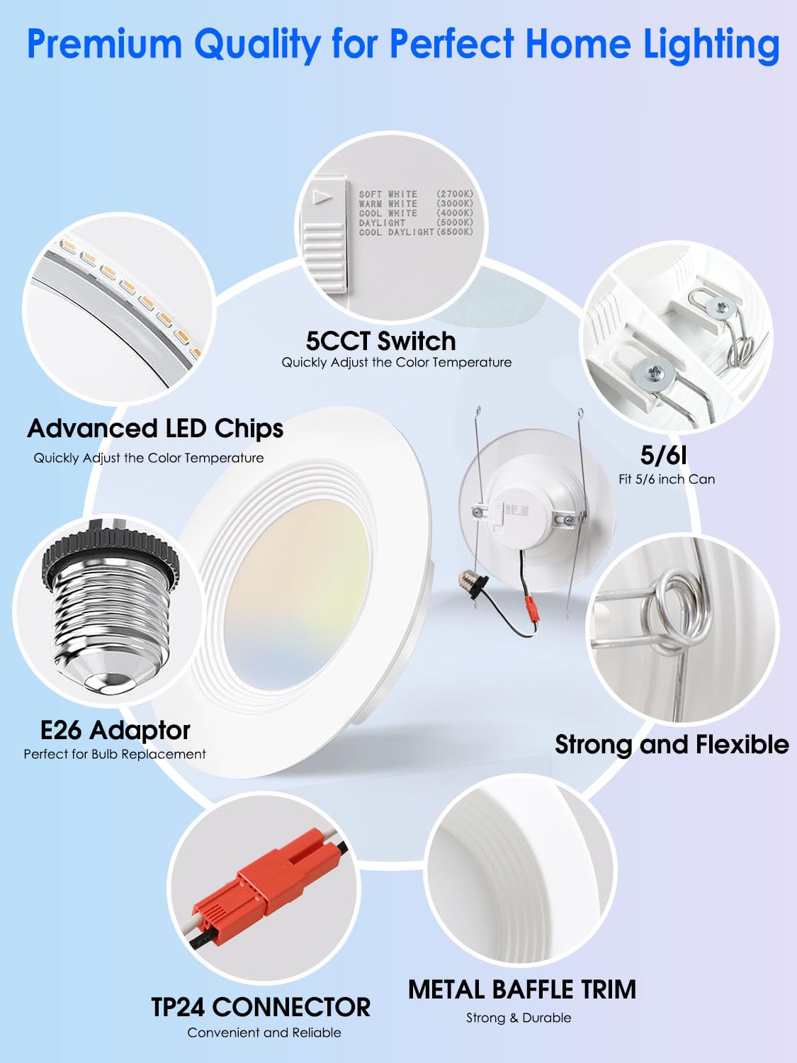 Energetic 5/6 Inch 5CCT LED Recessed Light, 2700K-6500K Selectable Downlight, Can Lights with Baffle Trim, CRI 90, Wet Rated, E26 Base, 10.5W=85W, Dimmable, Simple Retrofit Installation, ETL, 6 Pack