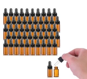 50 pack,3ml amber glass dropper vial for essential oils,empty glass eye dropper bottle with black screw cap,glass liquid pipette travel test sample perfume vial-transfer pipette included